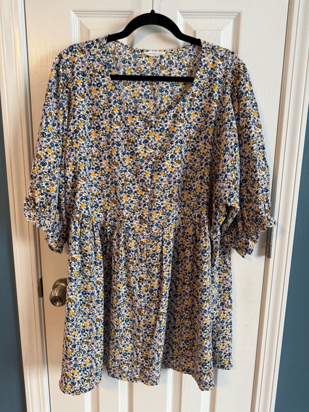 Floral V-Neck Women's Blouse in Navy and Mustard